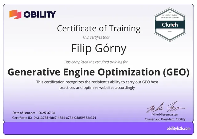 Certyfikat: Generative Engine Optimization (GEO) - Certificate of Training wystawiony przez Obility, 2025
