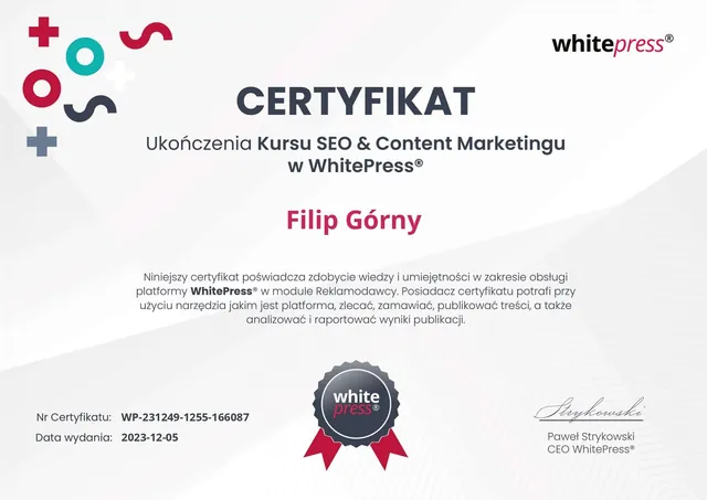 Certyfikat ukończenia Kursu SEO i Content Marketingu w WhitePress, 2023