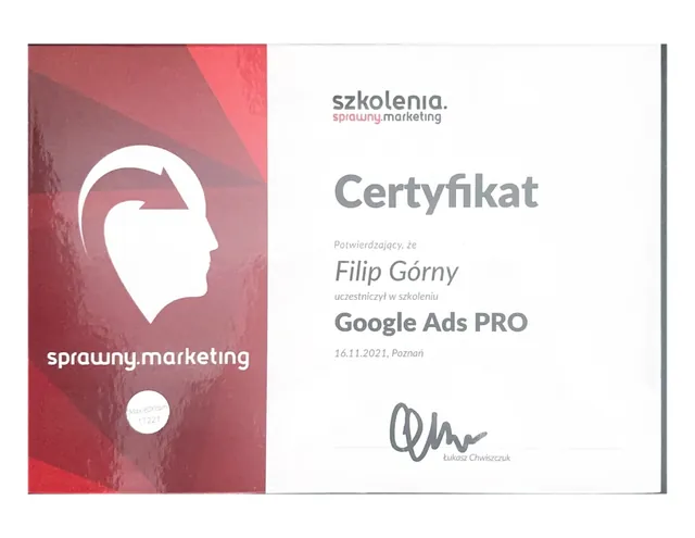 Certyfikat uczestnictwa w szkoleniu Google Ads PRO, szkolenia.sprawny.marketing, Poznań 2021