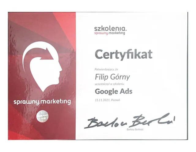 Certyfikat uczestnictwa w szkoleniu Google Ads, szkolenia.sprawny.marketing, Poznań 2021